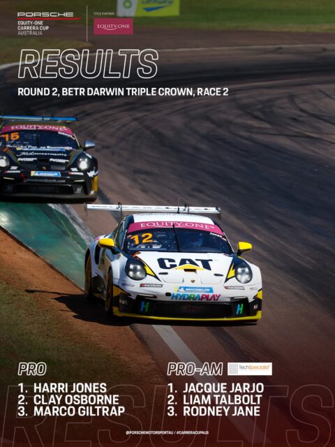 Jones takes Race 2 in Darwin, while Jarjo completes a clean sweep of the Pro-Am class.

#CarreraCupAus #PorscheMotorsport
