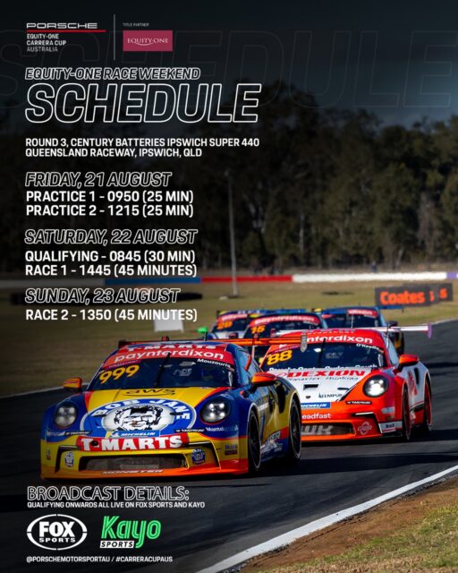 The @equityoneau Race Weekend schedule is in!

Catch us live from Qualifying onwards on @foxsportsaus & @kayosports

#carreracupaus #porschemotorsport