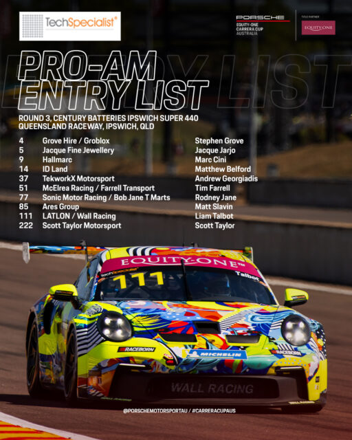 The return of Tim Farrell headlines our Tech Specialist Pro-Am field for Round 3 this weekend at Queensland Raceway.
Check out the full field above.
#CarreraCupAus