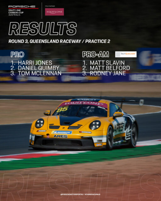 Friday practice is complete for Porsche @equityoneau Carrera Cup Australia here in Ipswich.
@harrijones99 finished fastest outright, with a 0.48 second margin back to @danielquimbyracing.
In @techspecialist_au Pro-Am, @slavin_away lead home @mjbelf & Rodney Jane.
All eyes now turn to tonight's special celebratory event, marking 75 Years of Porsche in Australia, before we're out for Qualifying tomorrow morning.
#CarreraCupAus #porschemotorsport