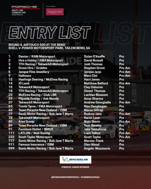 25 drivers will to take to the South Australian circuit of Tailem Bend this weekend, for round 4 of Porsche @equityoneau Carrera Cup Australia.

 #porschemotorsport #CarreraCupAus