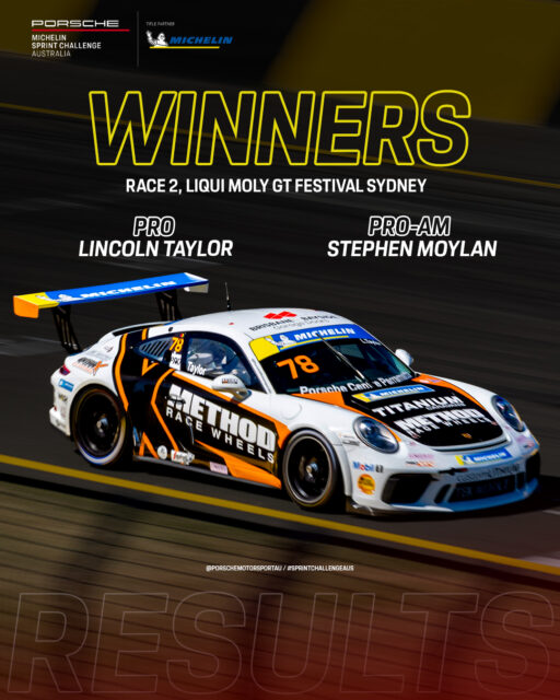 @lincoln.taylor78 claims he's 3rd race win of the season, taking out Race 2 by 8.5 seconds over @kobiwilliams94.

In Pro-Am, it was @moylo47 who claimed his first race win of the season.

We'll be back out at 4:10pm AEST for the final race of the weekend.

 #sprintchallengeaus #porschemotorsport #SpeedSeriesAus