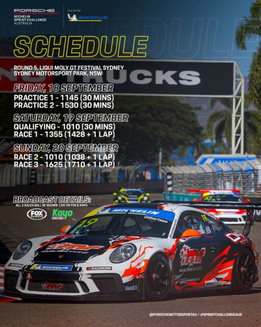 The on-track schedule for Round 5 of Porsche Michelin Sprint Challenge Australia is in!
Catch all 3 races Live on @foxsportsaus 506 & @kayosports on Saturday & Sunday.
Natsoft will be the only place to follow live timing of Practice on Friday, & Qualifying on Saturday Morning.
#SprintChallengeAus