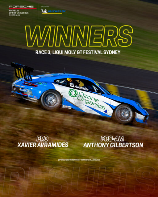 Race 3 had no shortage of action, with @xavieravramides taking his 2nd win of the year to round out Round 5 of Porsche Michelin Sprint Challenge Australia at Sydney Motorsport Park.

Anthony Gilbertson bounced back from a DNF in Race 2 to take class honours in Pro-Am.

 #porschesprintchallenge #porschemotorsport #SpeedSeriesAus