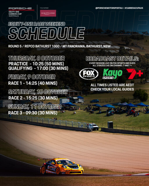 The @equityoneau Race Weekend Schedule is here!

We're back to our traditional sprint weekend format, with 3 races headlining the weekend's action.

 #CarreraCupAus #porschemotorsport #RepcoSC