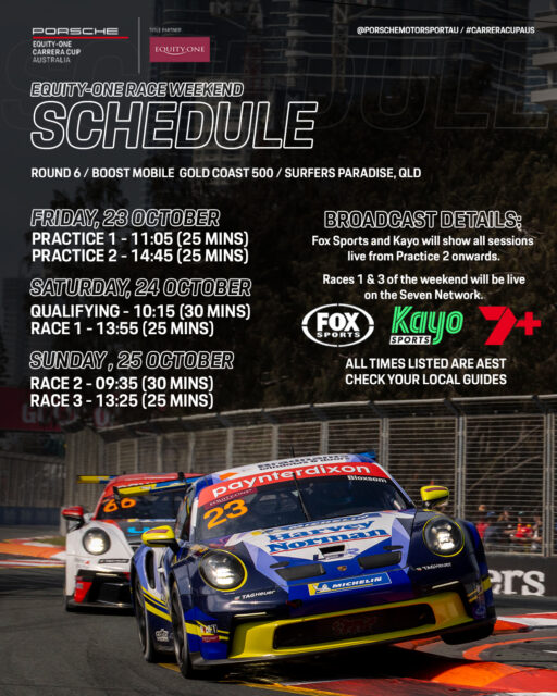 The @equityoneau Race Weekend Schedule is here!
We're back sprint racing on the GC, with 3 races headlining the on-track action for the weekend.
Every session from Practice 2 onwards will be live on @foxsportsaus & @kayosports, whilst @channel7 & @7sportau will show races 1 & 3 live, check your local guides.
#CarreraCupAus #porschemotorsport #RepcoSC