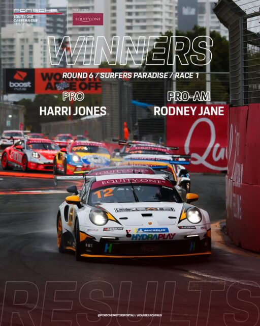 Eighth win of the season for @harrijones99, and his first on the streets of the GC.
Rodney Jane stayed out of the trouble to win in Pro-Am.
Race 2 tomorrow at 10:00 (AEST) 🏁
#carreracupaus #porschemotorsportau